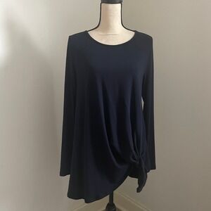 Long Sleeve Knit Tunic Top Womens Medium Navy Blue  Knot Detail Cozy Layer Comfy
